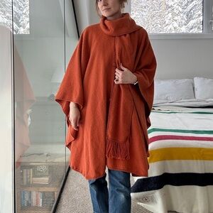 Vintage alpaca Rust Orange Poncho with Fringe free size